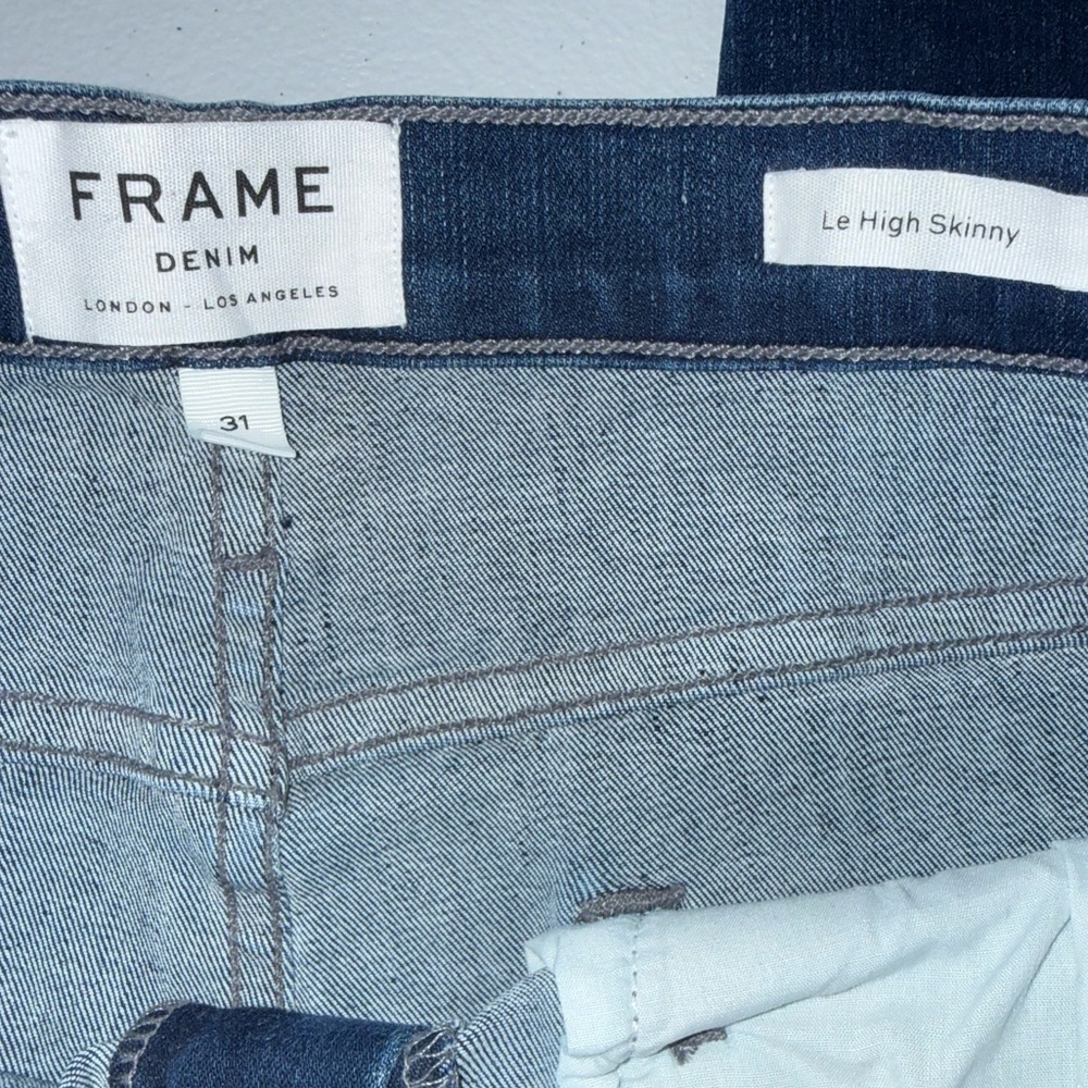 FRAME Le High Skinny Bustle Jeans Size 31 Blue Distressed Curved Slit Hem - Picture 8 of 10